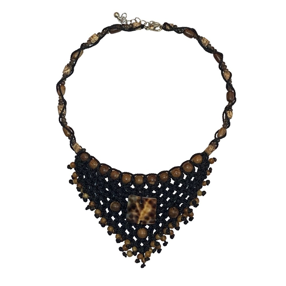 Vintage Black and Brown Beaded Crochet Statement Necklace